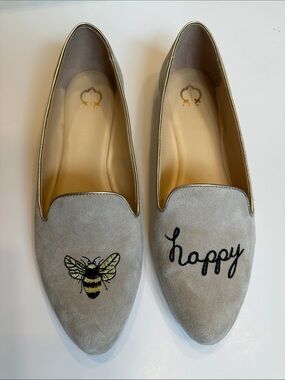 Taupe Suede Embroidered Bee & Happy Slip-On Loafers